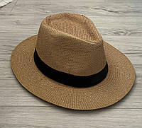Летняя шляпа Федора темно-бежевая с черной лентой (949)