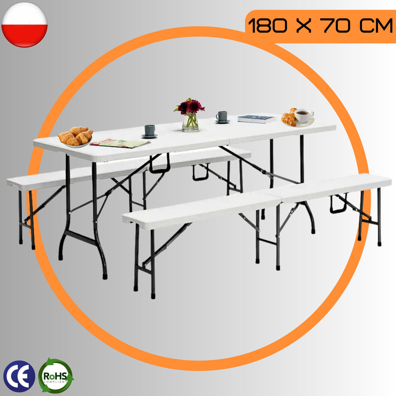 Комплект Садовий Розкладний Стіл + 2 Лавки на 8 Осіб Gardenline Party White Набір для Кейтерингу Дачі Саду Польща