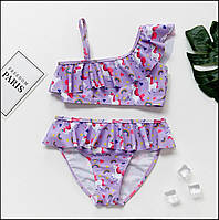 Роздільний купальник для дівчаток труси і топ класичного крою фіолетові з принтом єдинорогів від 3 до 6 років