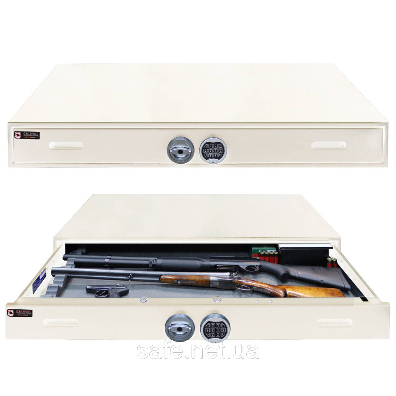 Сейф збройовий Griffon GU.135.E CREAM (ВхШхГ:175x1350x510) на 3 одиниці, сейф для рушниці, сейф мисливський