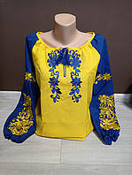 Детская вышиванка на девочку подростка с длинным рукавом УкраинаТД на 6-16 лет желтая с синим