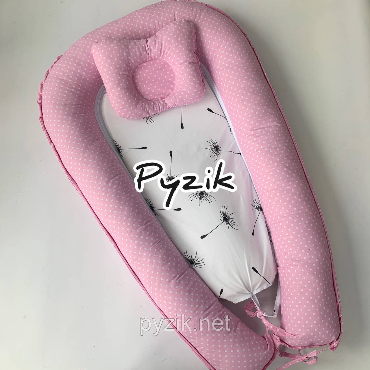 Гніздо-кокон для новонародженого 85Х40 см (подушка для вагітної, подушка для годування) горошок рожевий