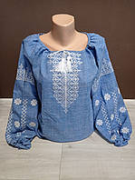 Дизайнерська блакитна жіноча вишиванка "Джинс" з вишивкою Україна УкраїнаТД 44-64 розміри