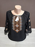 Жіноча чорна блузка з вишивкою і рукавом 3/4 Брюнетка УкраїнаТД 44-64 розміри
