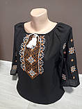 Жіноча чорна блузка з вишивкою і рукавом 3/4 Брюнетка УкраїнаТД 44-64 розміри шифон, фото 2