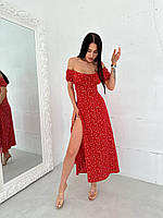 Изумительное легкое красное платье в цветочный принт с разрезом спереди из легкого софта
