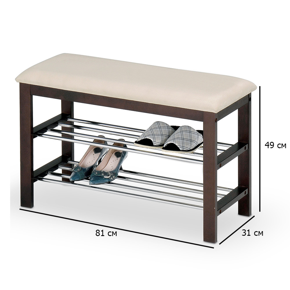 Банкетка для взуття кольору венге ST-3 з кремовою екошкірою та хромованими полицями в передпокій, фото 1