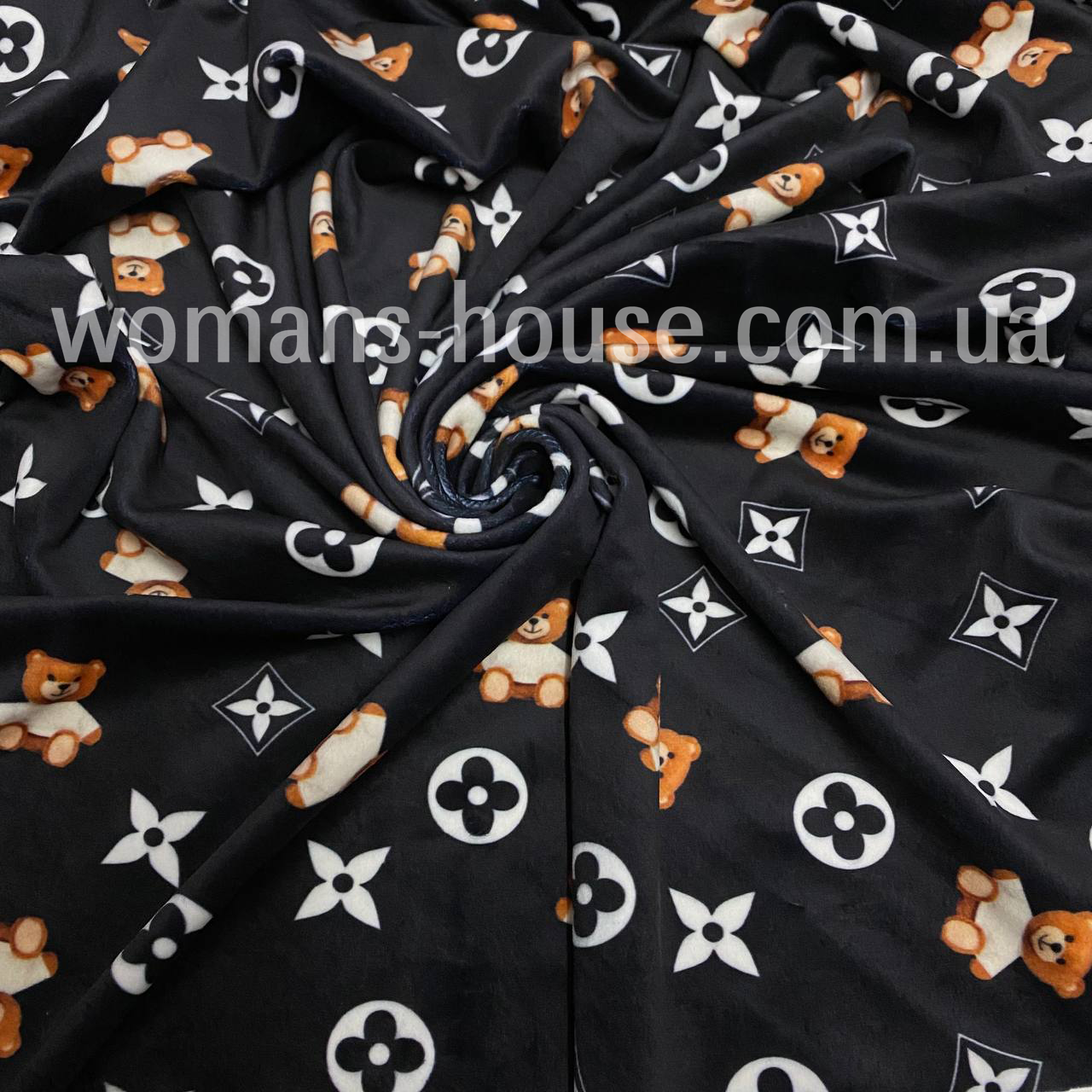 Тканина велюр Плюш (спорт) принт друкований Луі Вітоние на чорном, фото 1