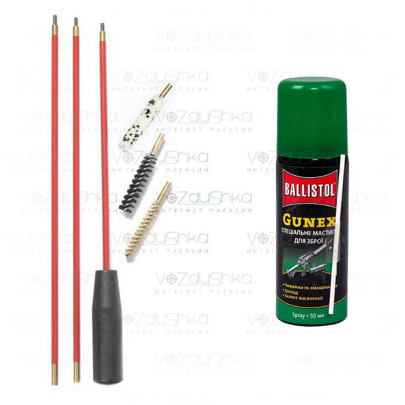 Комплект із набору для чищення зброї калібру .223 Rem (шомпол в оплетці 3 йоржа) + Gunex 50 ml spray