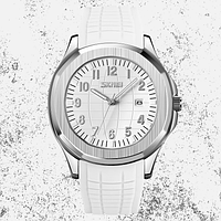 Мужские классические наручные часы Skmei 9286 (White) Белые-Серебряные Хомаж Patek Philippe Aquanaut