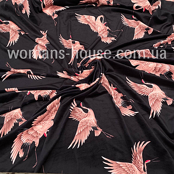 Тканина вівюр Плюш (спорт) принт друкований Чаплі на чорному