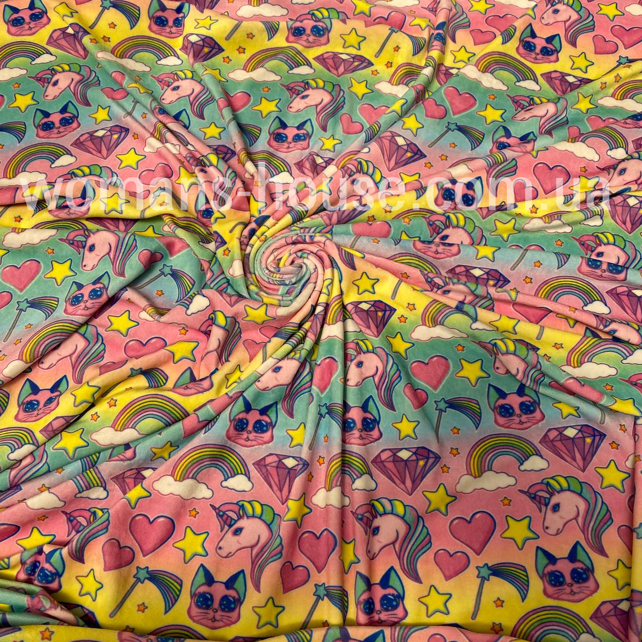 Тканина велюр Плюш (спорт) принт дитячий Єдинороги, фото 1