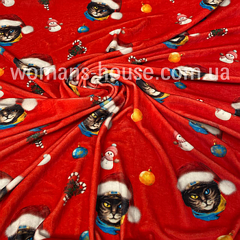 Тканина велюр Плюш (спорт) принт друкований Коти новорічні