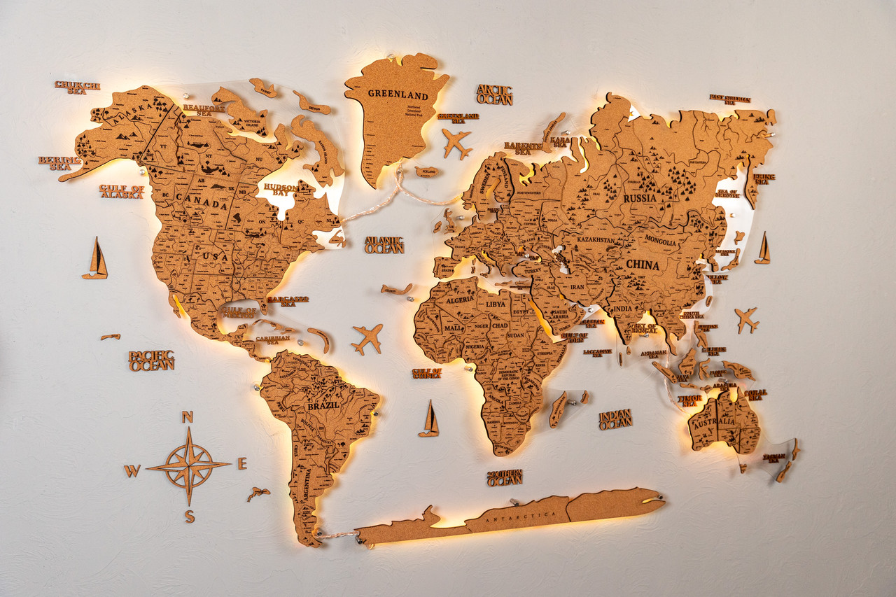 Дерев'яна карта світу на стіну CraftBoxUA 150x90, З гравіюванням, З підсвіткою, фото 1