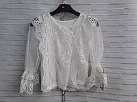 Красивая школьная блузка рукав сетка с кружевом для девочек размер 7-12 лет,цвет белый