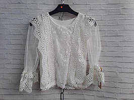 Красива шкільна блузка рукав сітка з мереживом для дівчаток розмір 7-12 років, колір білий