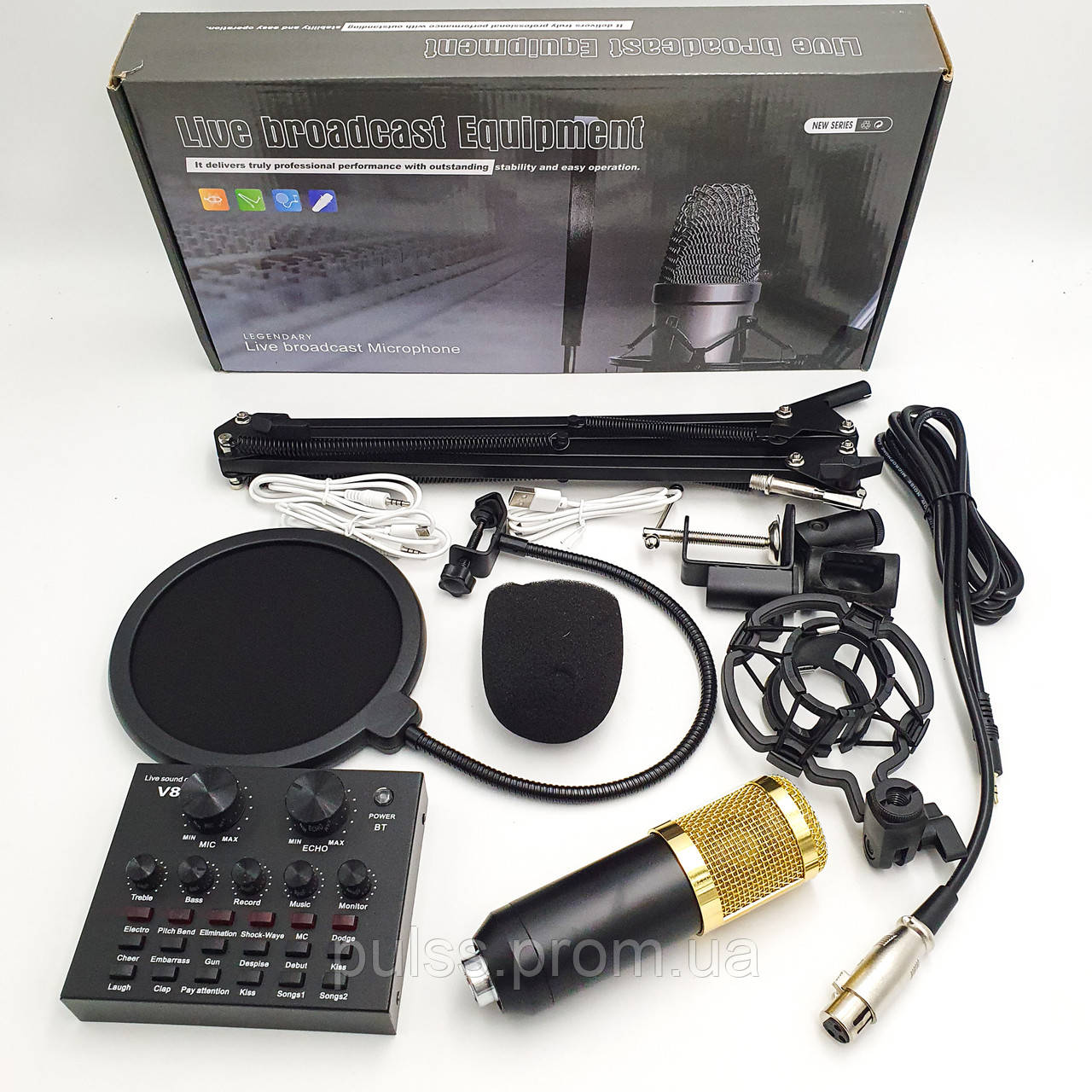 Студийный микрофон со стойкой и ветрозащитой и Звуковая внешняя карта V8 для записи вокала Music D.J. M 800 - фото 1 - id-p1361650715