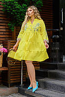 Женское желтое летнее платье миди свободное с вышивкой