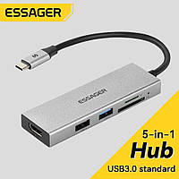 USB 3.0 хаб + кардридер + конвертер HDMI 4K Essager. Переходник Type-C - HDMI