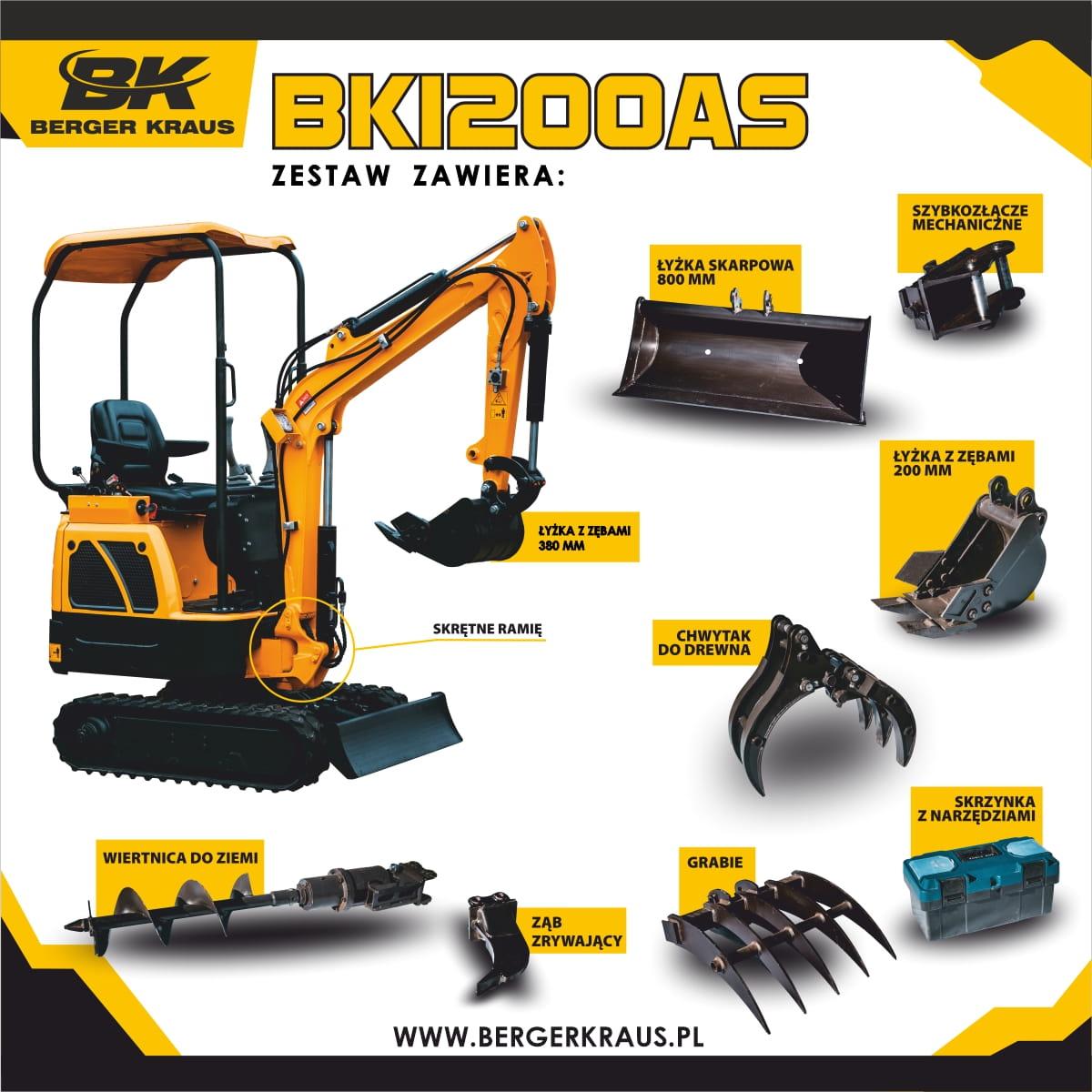 Міні-екскаватор Berger Kraus BK1200AS з повним приладдям, торсіонна рука KUBOTA