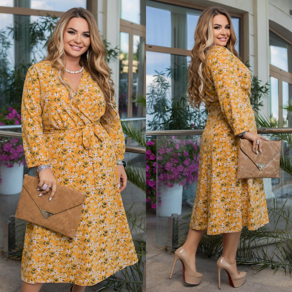 Батальне плаття в квітку з декольте на запах Розміри: 50-52, 54-56, 58-60, фото 1