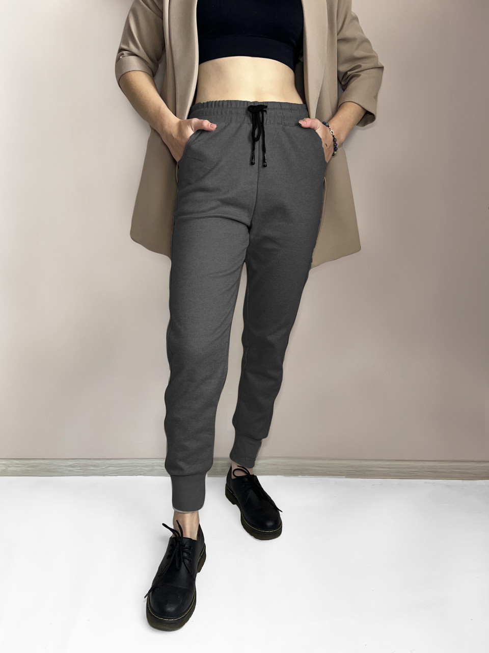 Штани жіночі зимові з начосом зі щільного трикотажу Штани під манжет Темно-сірий XL