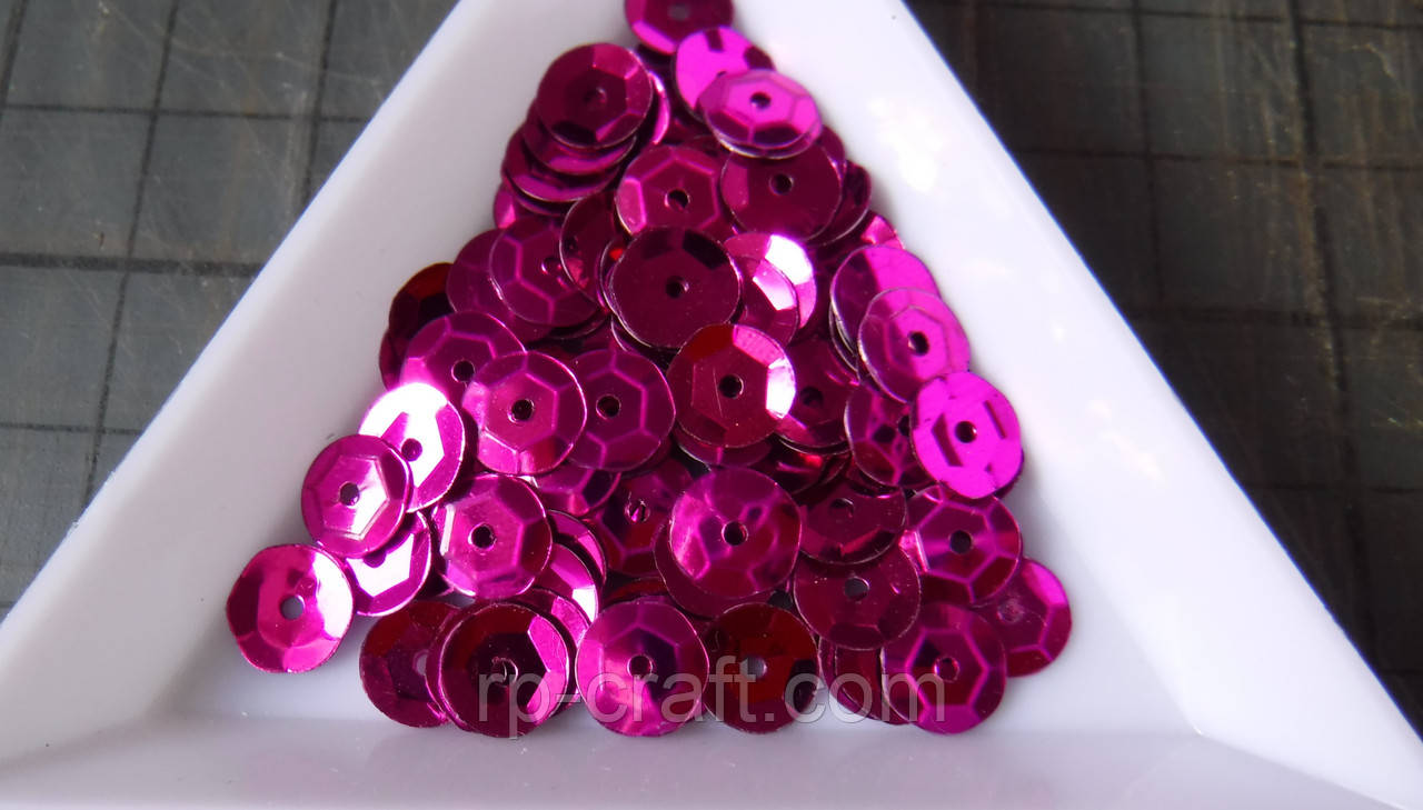 72. Упаковка паєток. Круглі, тиснені, темно-рожеві, 7мм, 9 грам, фото 1