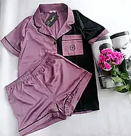 Шовкова жіноча піжама сорочка шорти спальний комплект моко з чорним 42 44 46 48