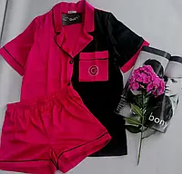 Шелковая женская пижама рубашка шорты спальный комплект малиновый с чёрным 42 44 46 48