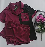 Шелковая женская пижама рубашка шорты спальный комплект марсала бордовый 42 44 46 48
