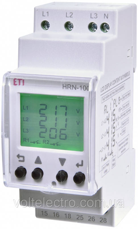 Багатофункціональне реле контролю напруги HRN-100 (3F, 2x5A_AC1), ETI з LCD-дисплеєм