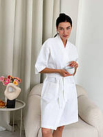Женский халат кимано вафельный натуральный для дому и ванны белый