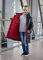 Довге зимове пальто на дівчинку тепла зимова куртка підліткова чорна з червоним 9-12 років