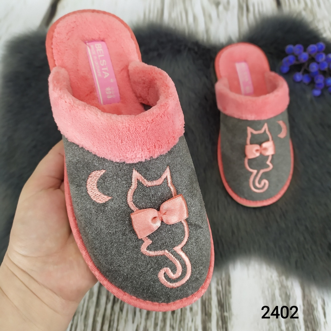 Тапочки жіночі кімнатні Белста з закритим носком сірі з кораловим 2402