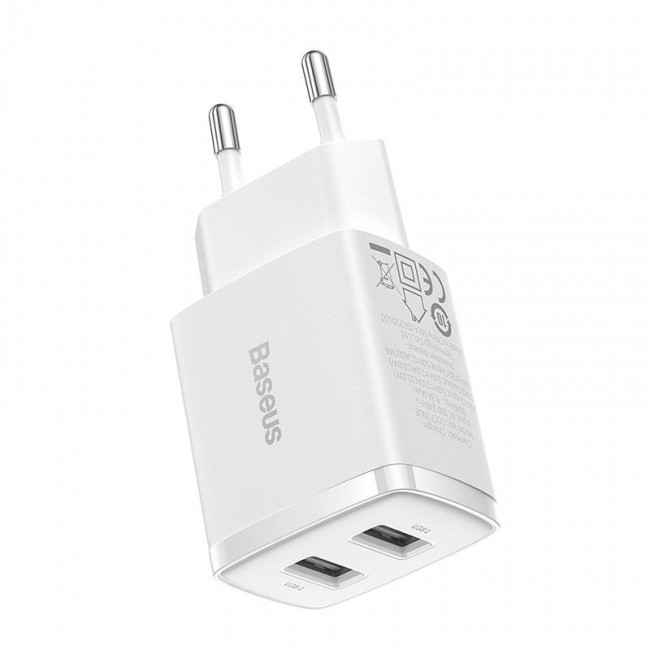 Baseus Compact Quick Charger, 2x USB, 10.5W (White), фото 1