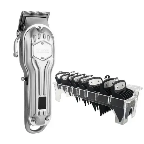 Машинка для стрижки Surker Cordless K9S Silver + Набір чорних преміум-насадок із підставкою (SK-K9S-Color+K-XW), фото 1