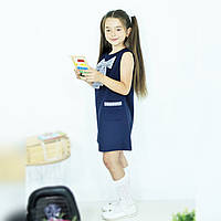 Сарафан для девочки с бантом Школьная детская форма возраст от 6 до 9 лет синего цвета 140