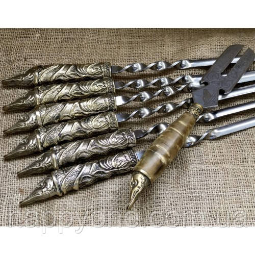 Набір шампурів "Щука" з вилкою для зняття м'яса (у шкіряному сагайдаку), фото 1