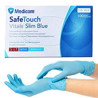 Нитриловые перчатки Medicom Slim Blue Vitals, размер S, голубые, 100 шт