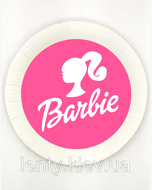 Тарілки "Барбі"  малиновий фон + лого паперові білі 18см (Поштучно) малотиражні тарілочки -