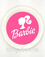 Тарелки "Барби" малиновый фон+лого бумажные белые 18см (Поштучно) малотиражные тарелочки -