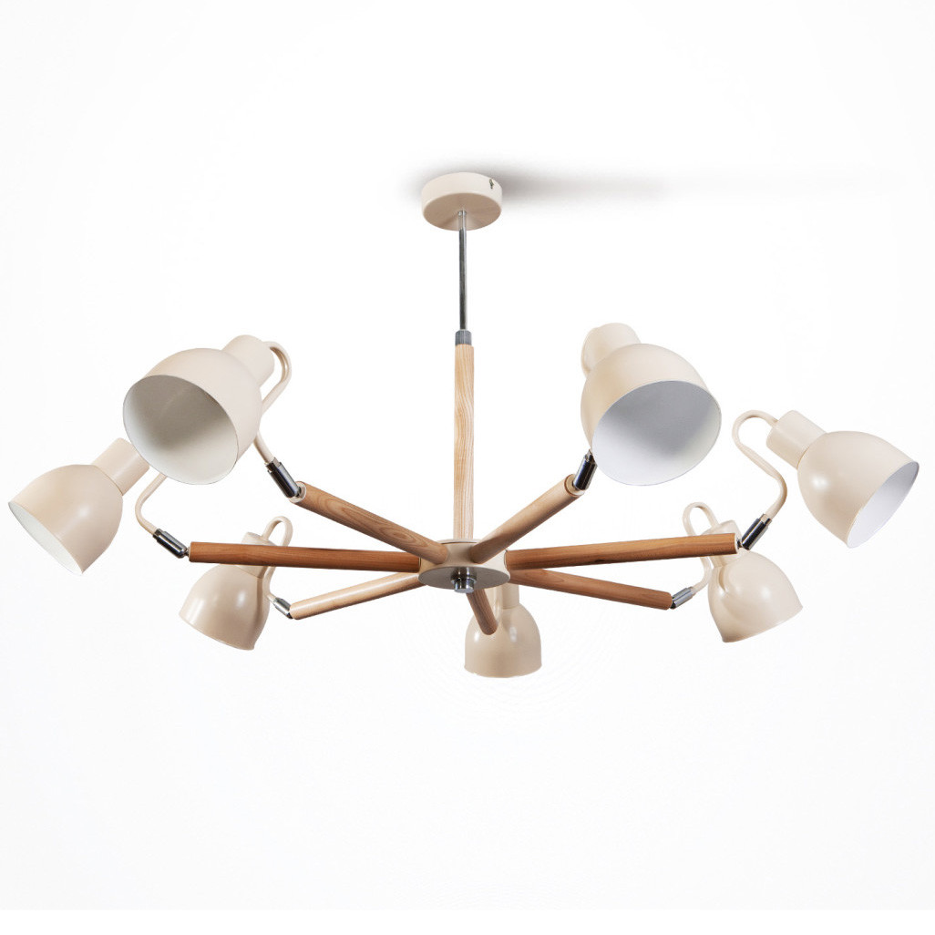 Люстра на штанзі модерн дерево клен із 7 кремовими металевими плафонами Е27 93х57 см