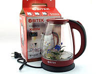 Електрочайник скляний Bitek1,8 л з квіткою Прозорий чайник електричний з автовимкненням з підсвіткою