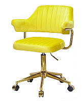 Кресло с подлокотниками Jeff GD-Modern Office, бархат желтый В-1027 на золотой крестовине с колесами
