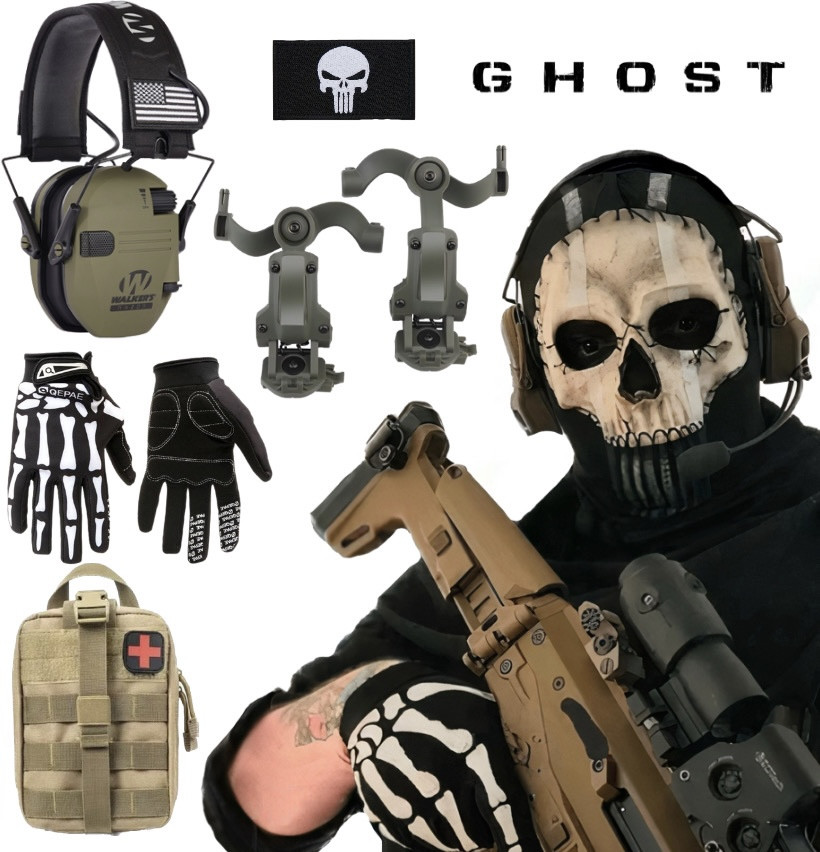 Набір Ghost Original 6 в 1: Шеврон + Маска Череп + Перчатки Кощея + Навушники + Адаптер Чебурашки + Аптечка | Call of Duty, фото 1