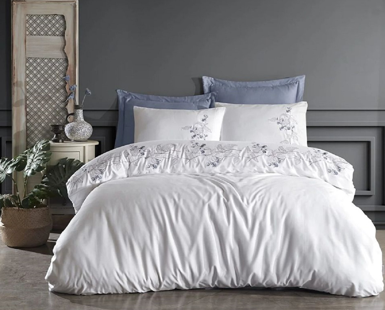 Постільна білизна Dantela Vita сатин з вишивкою - Efra beyaz білий євро