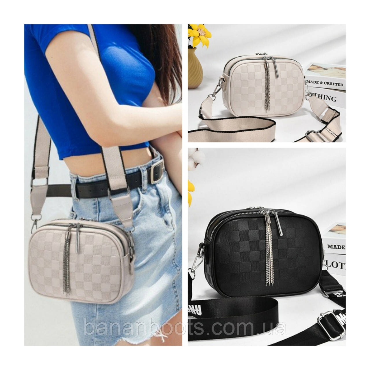 Жіноча міні сумка клатч на плече у клітинку, фото 1