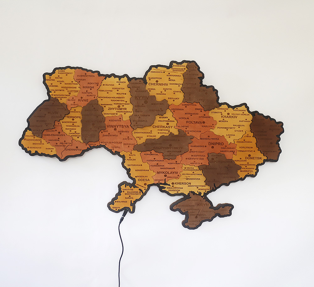 Карта України 3D об'ємна багатошарова англійською з синьою підсвіткою 92.5х64.6 см + коробка