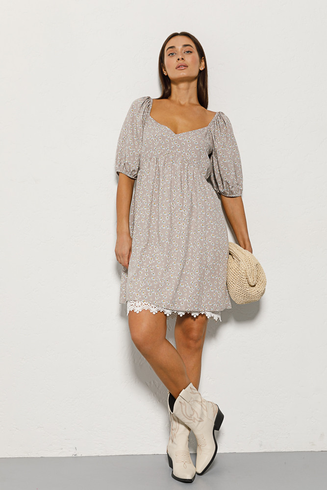 Літня сукня в квіточки бежева з мереживом внизу (M), фото 1