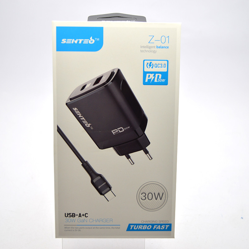 Мережевий зарядний пристрій (адаптер) SENTEO Z-01 GaN 30W+QC3.0 з кабелем Type-c to Type-c Black
